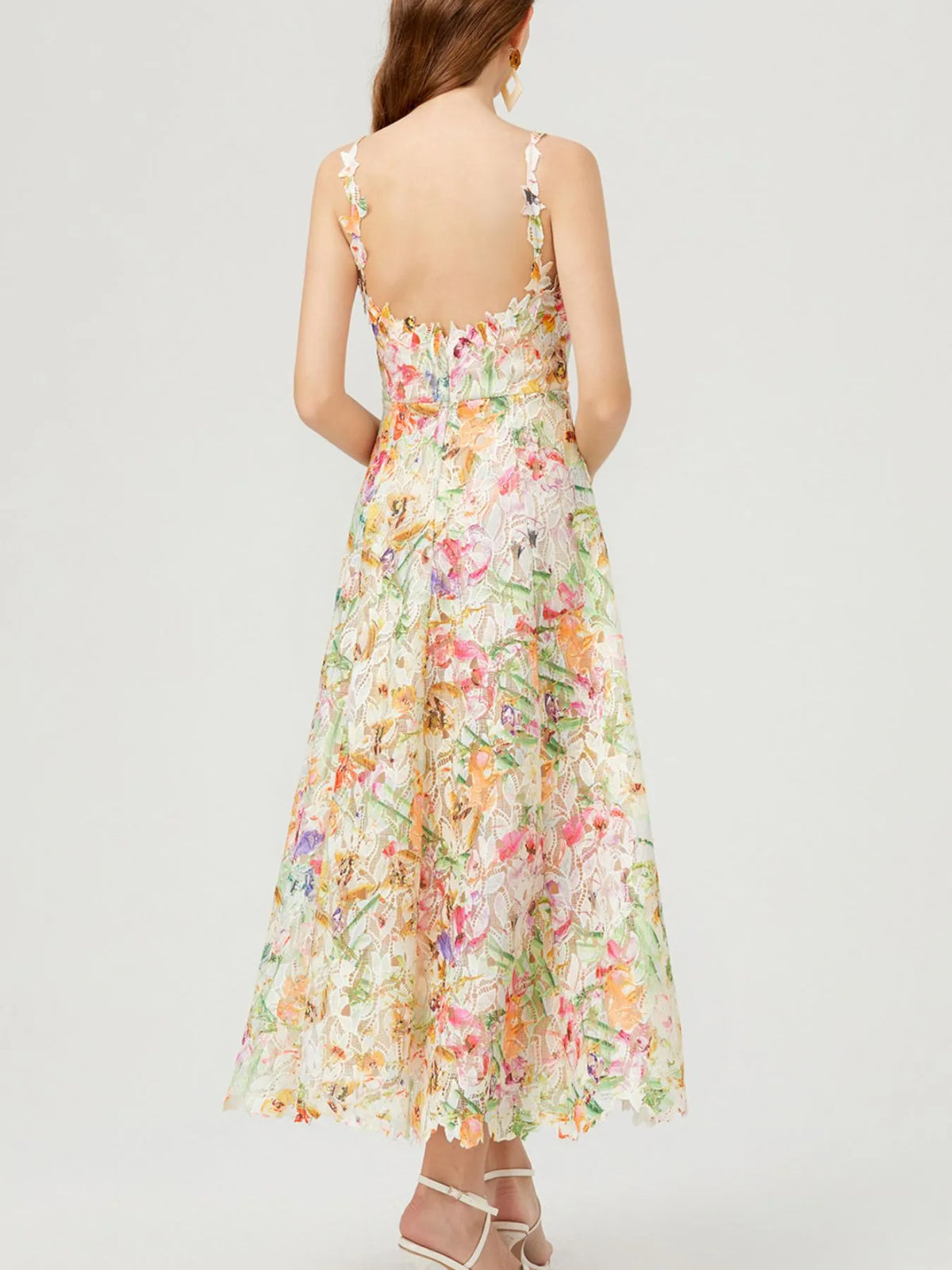 Floral Lace Sleeveless V Neck Midi Dress full length view