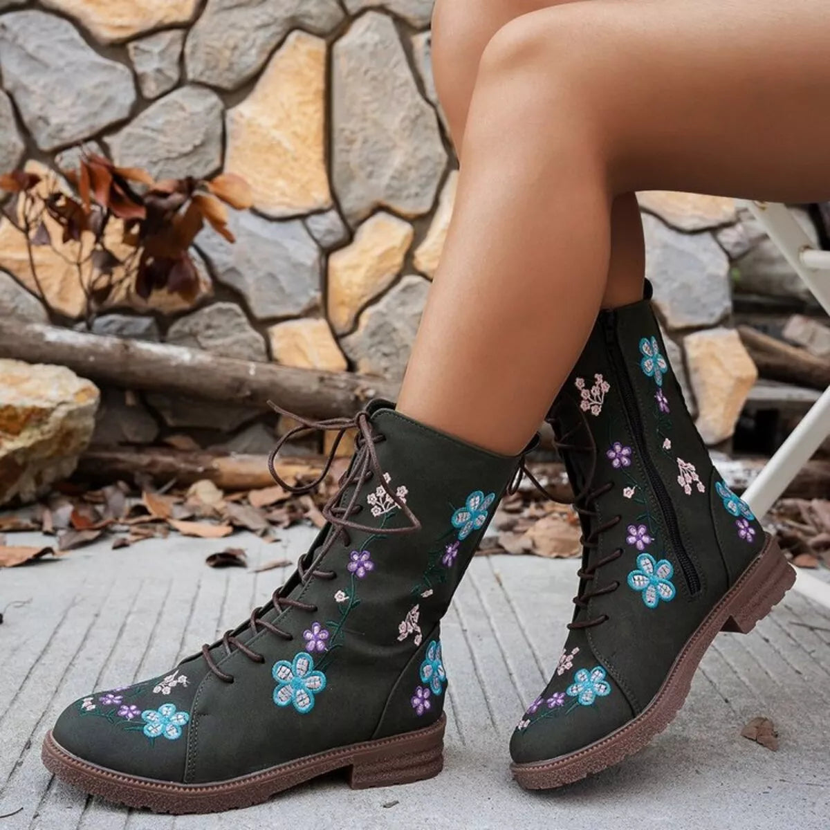 Round toe block heel ankle boots side profile