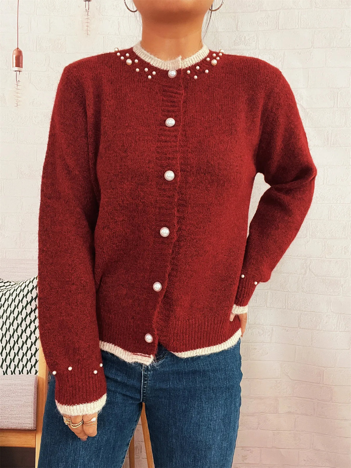 pearl button front ribbed cardigan back view