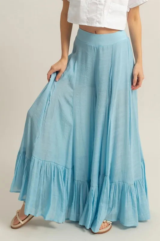 HYFVE High-Waist Ruffle Flared Wide Leg Pants Pastel Blue - Fashorio