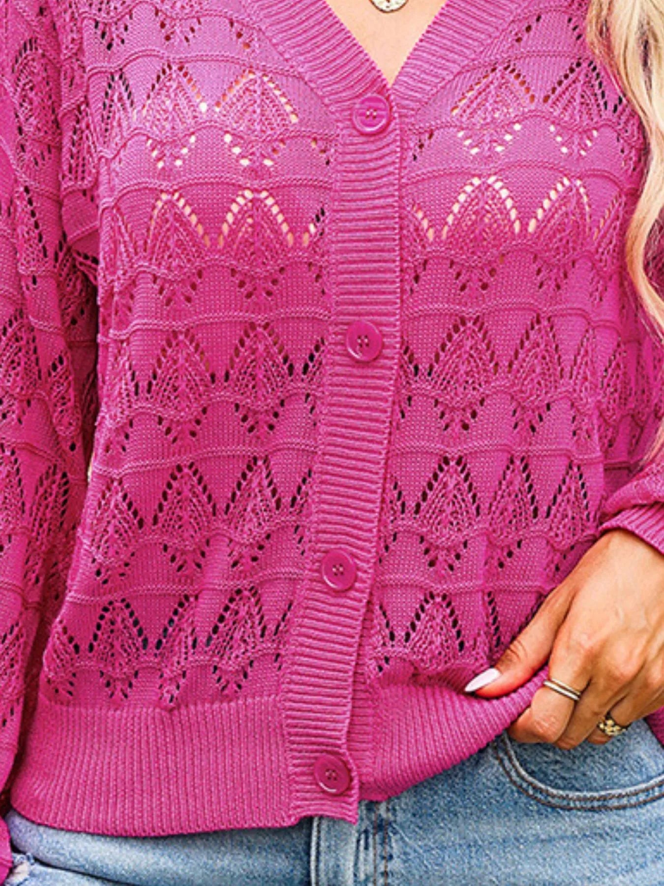 Openwork Button Up Cardigan - Fashorio