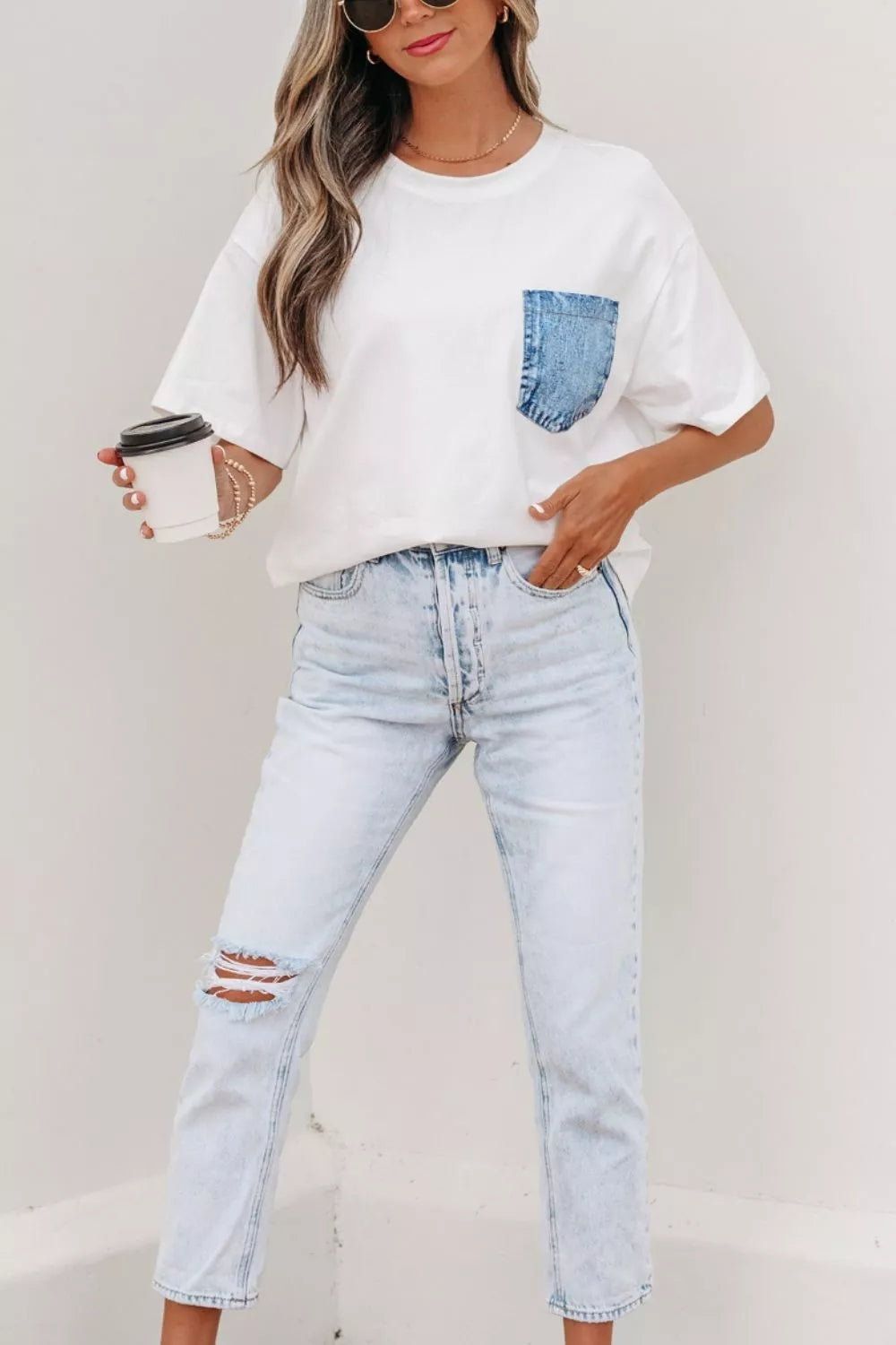 White color block short sleeve top with chest pocket styled look