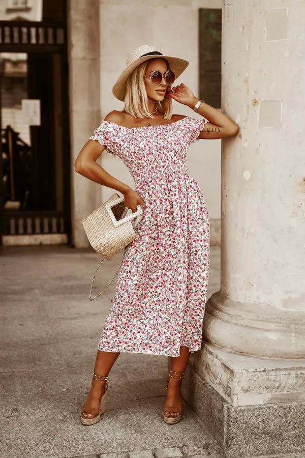 White floral off shoulder ruched midi dress front view