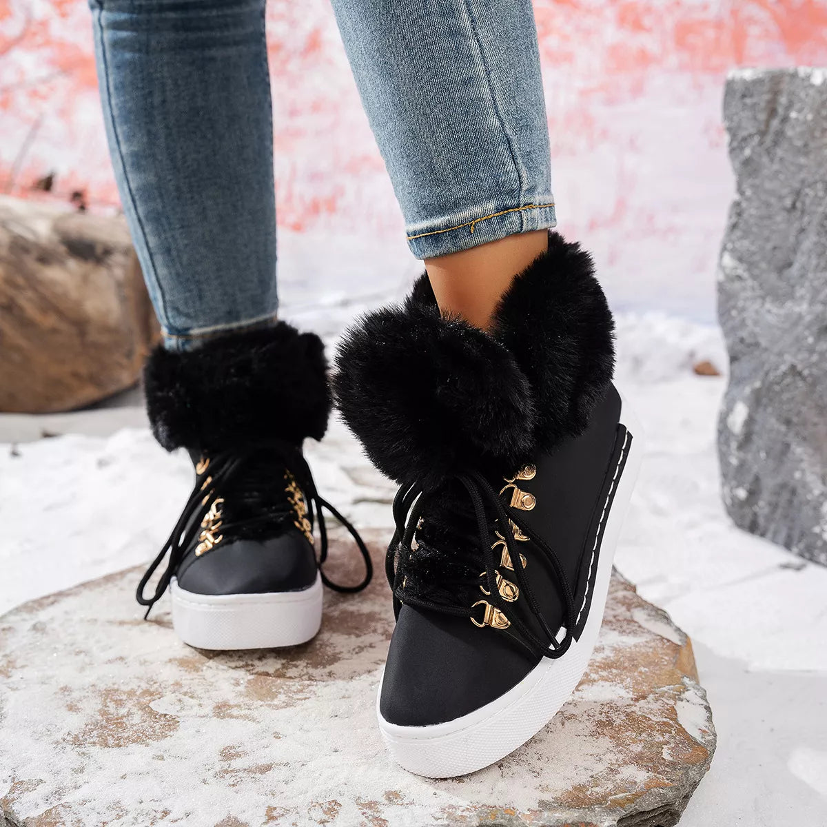 Fuzzy trim lace up ankle boots close up of the toe