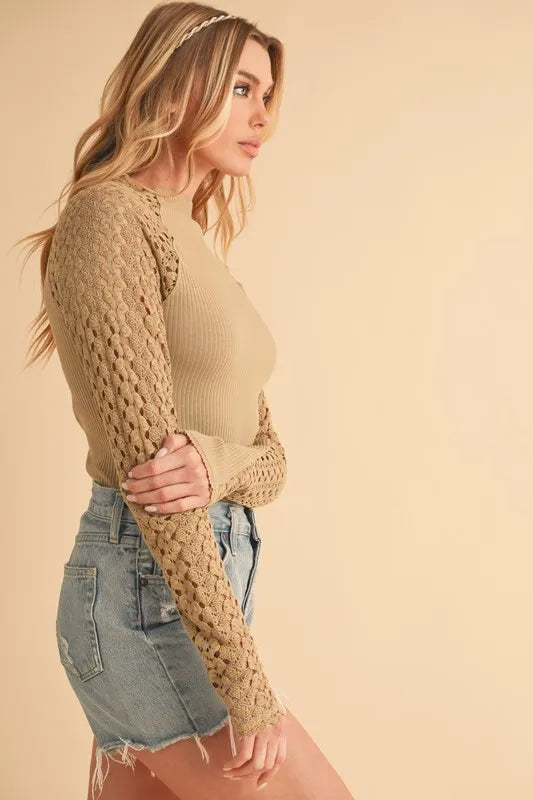 Tan bodycon knit top close up texture detail