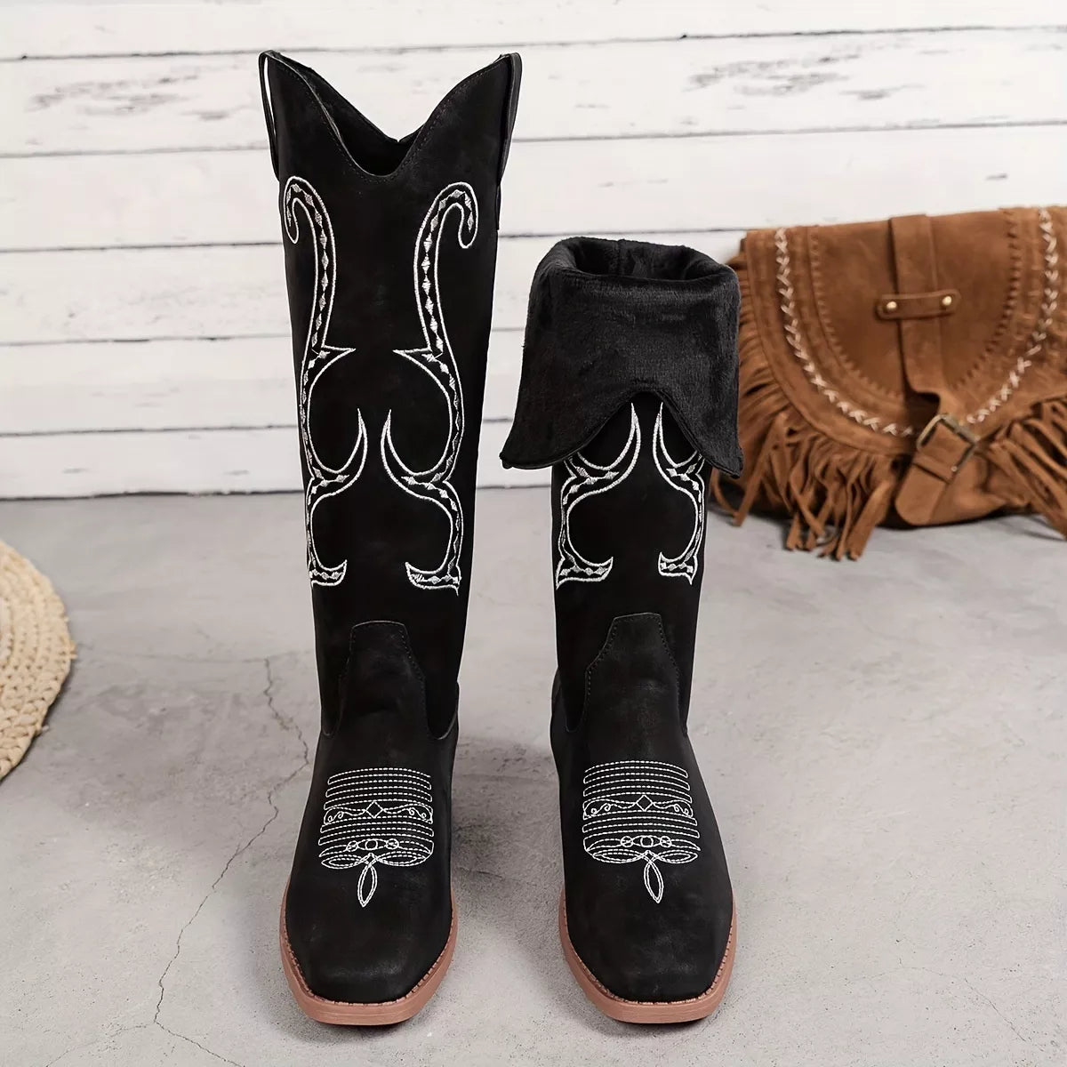 Embroidered round toe block heel boots top styling detail