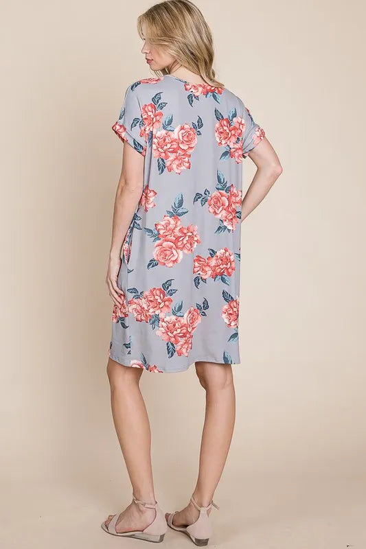 Floral Tee Dress with Pockets in Gray styled look