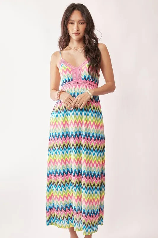 Crochet Lace Midi Dress in Pink and Blue close up
