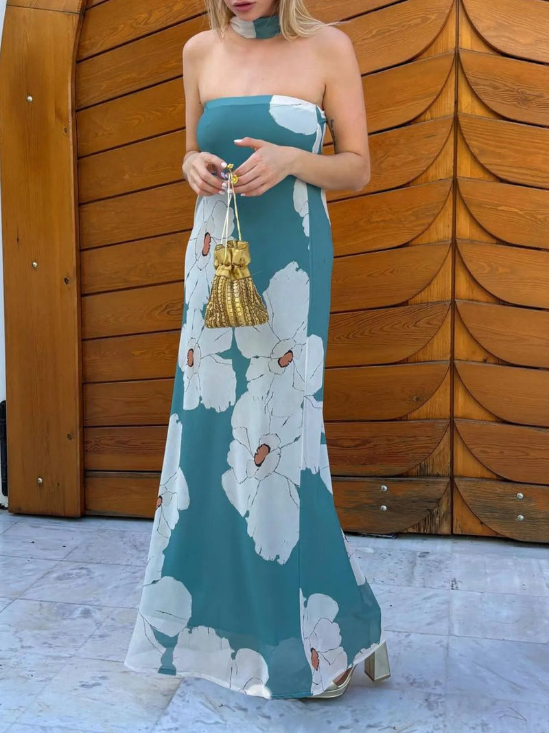 Printed tube maxi dress front view