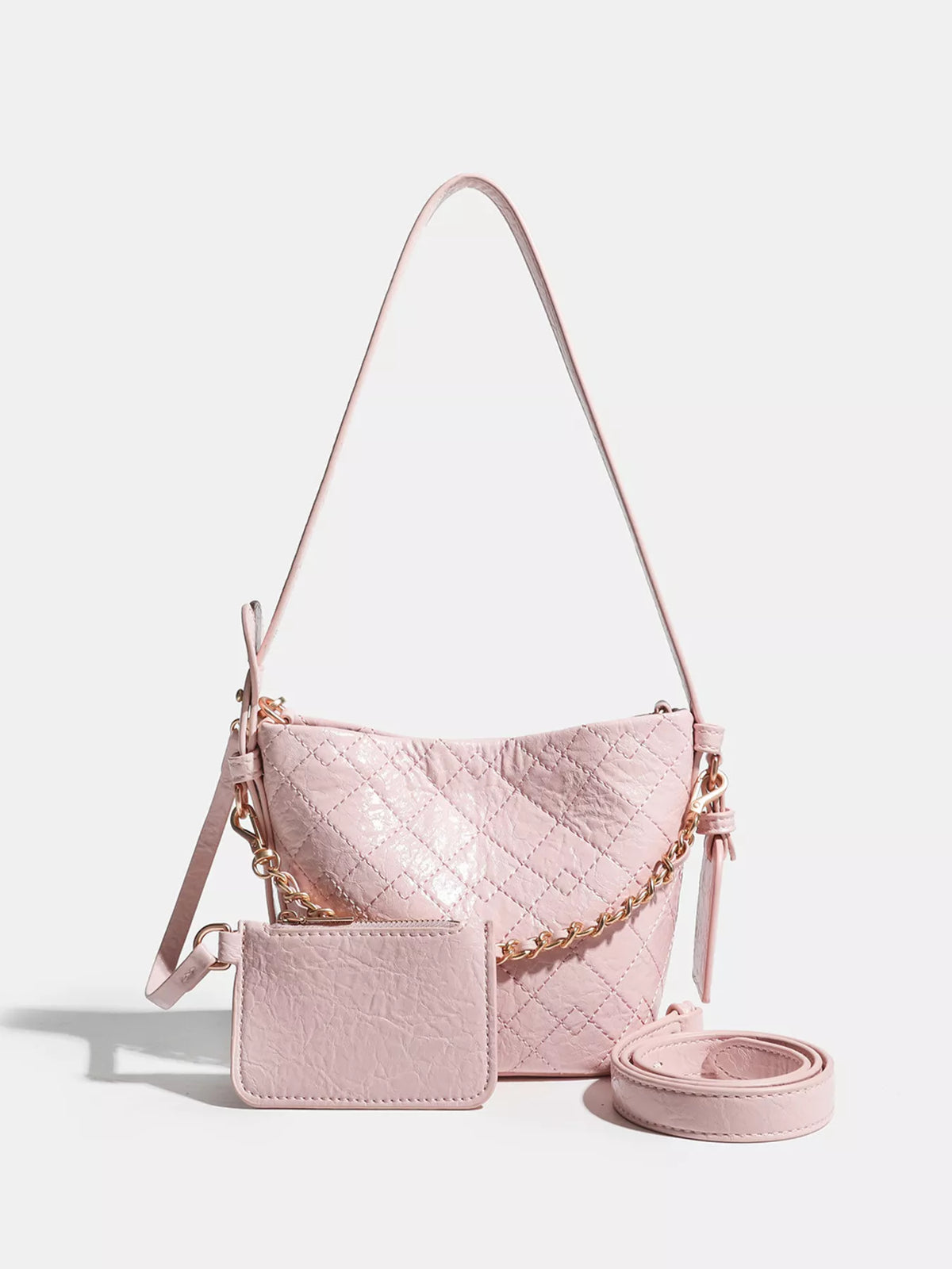 Adjustable strap mini bucket bag front view