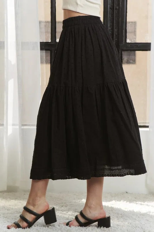 ADORA Elastic Waistband Tiered Midi Skirt - Fashorio