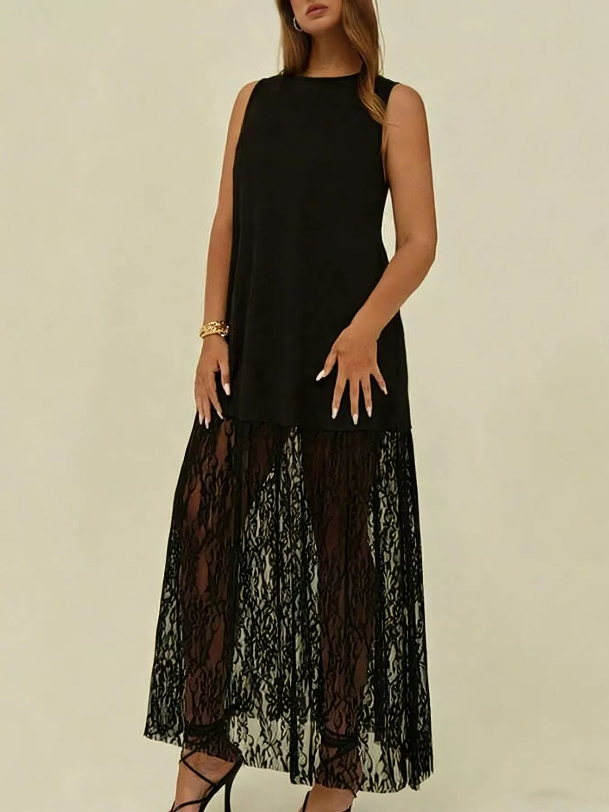 Black plus size sleeveless lace trim maxi dress front view