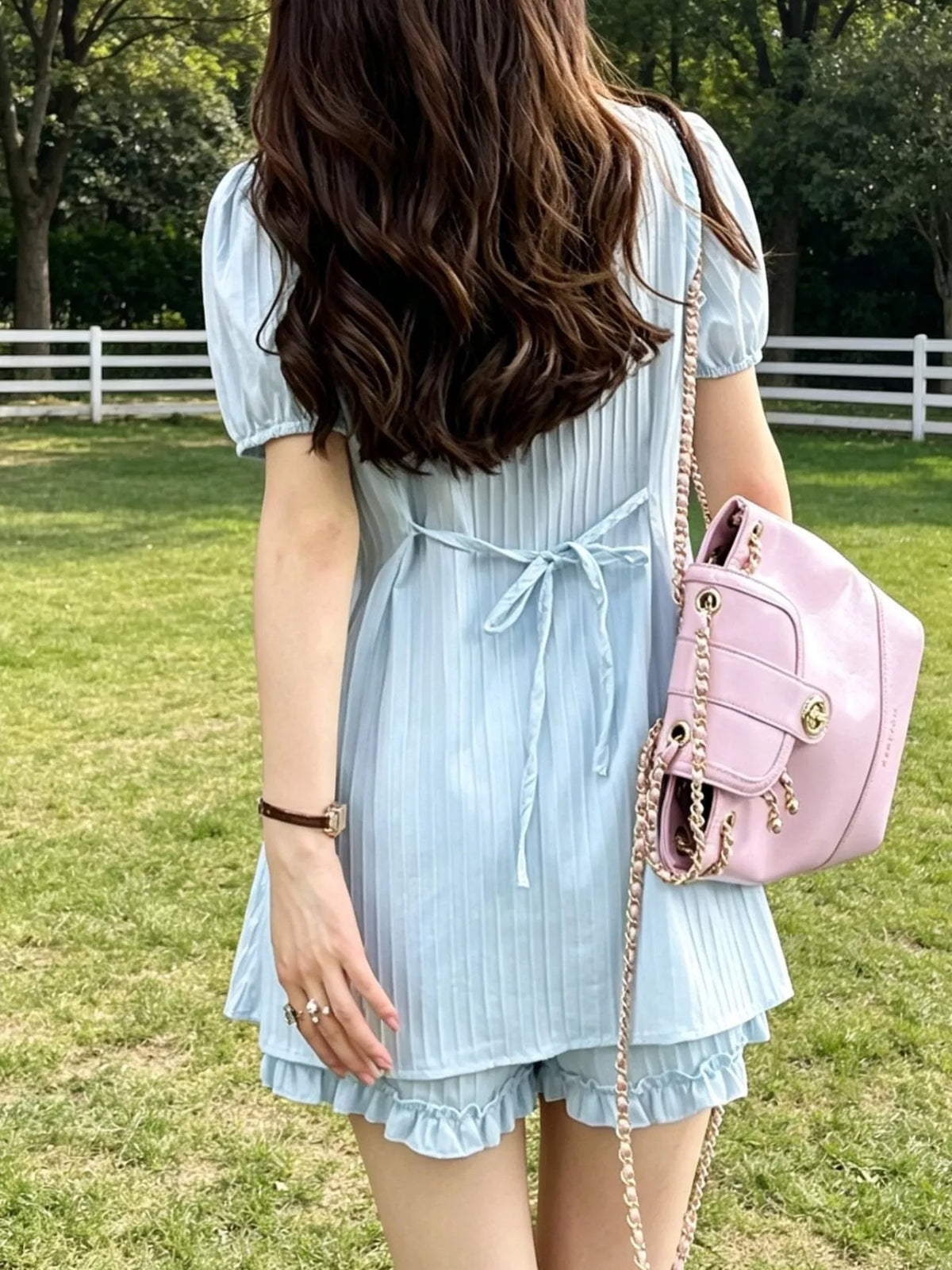 Womens light blue tied button up shirt and shorts matching set