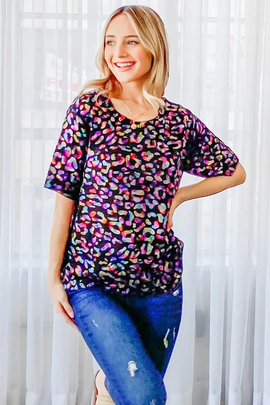 Leopard Foil Print Half Sleeve Sweater Top on model
