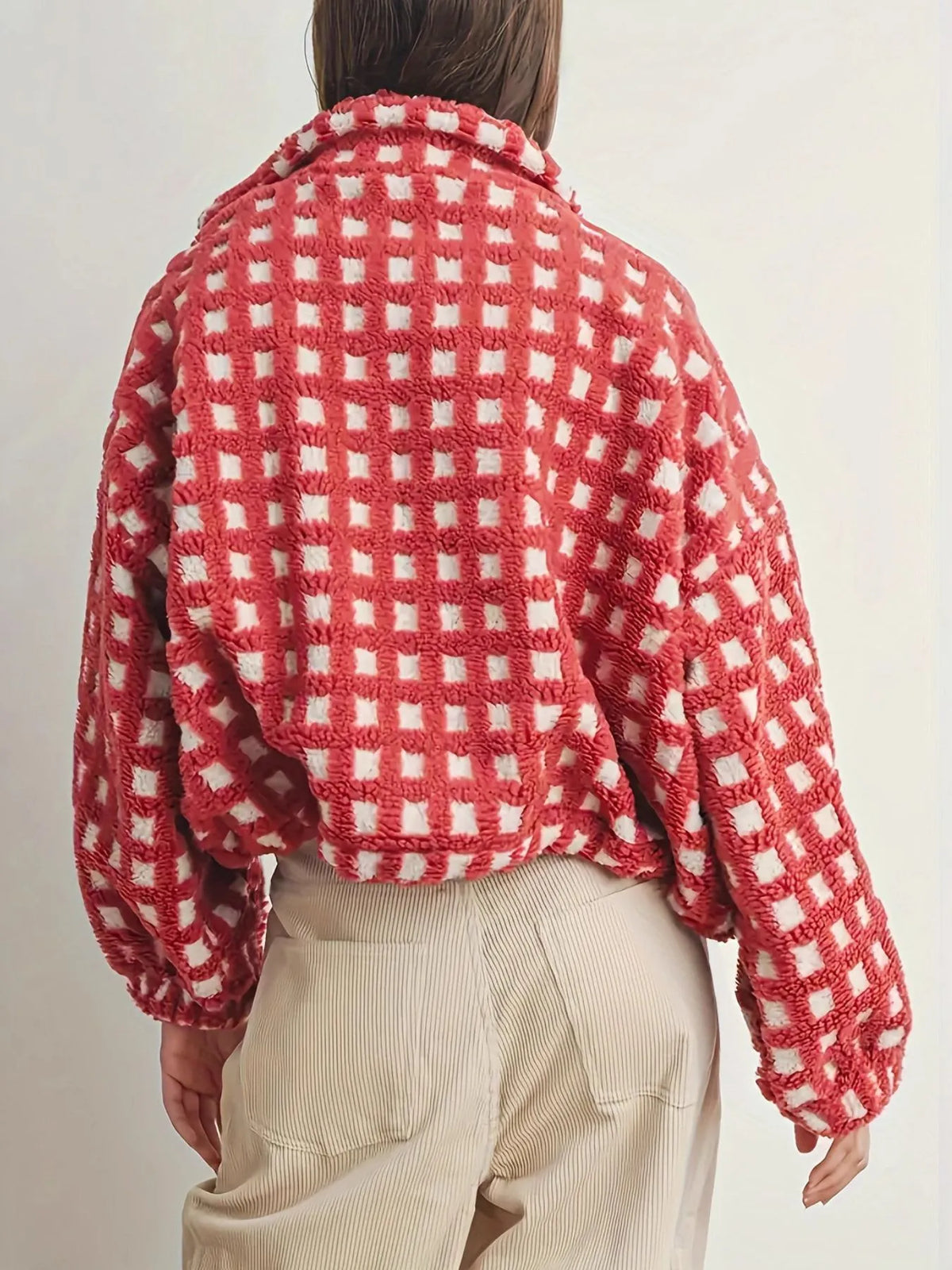 Checkered Fleece Puff Sleeve Bomber Jacket in Red detail