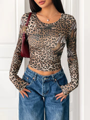 Leopard Print Long Sleeve Fitted T-Shirt Coffee Brown - Fashorio