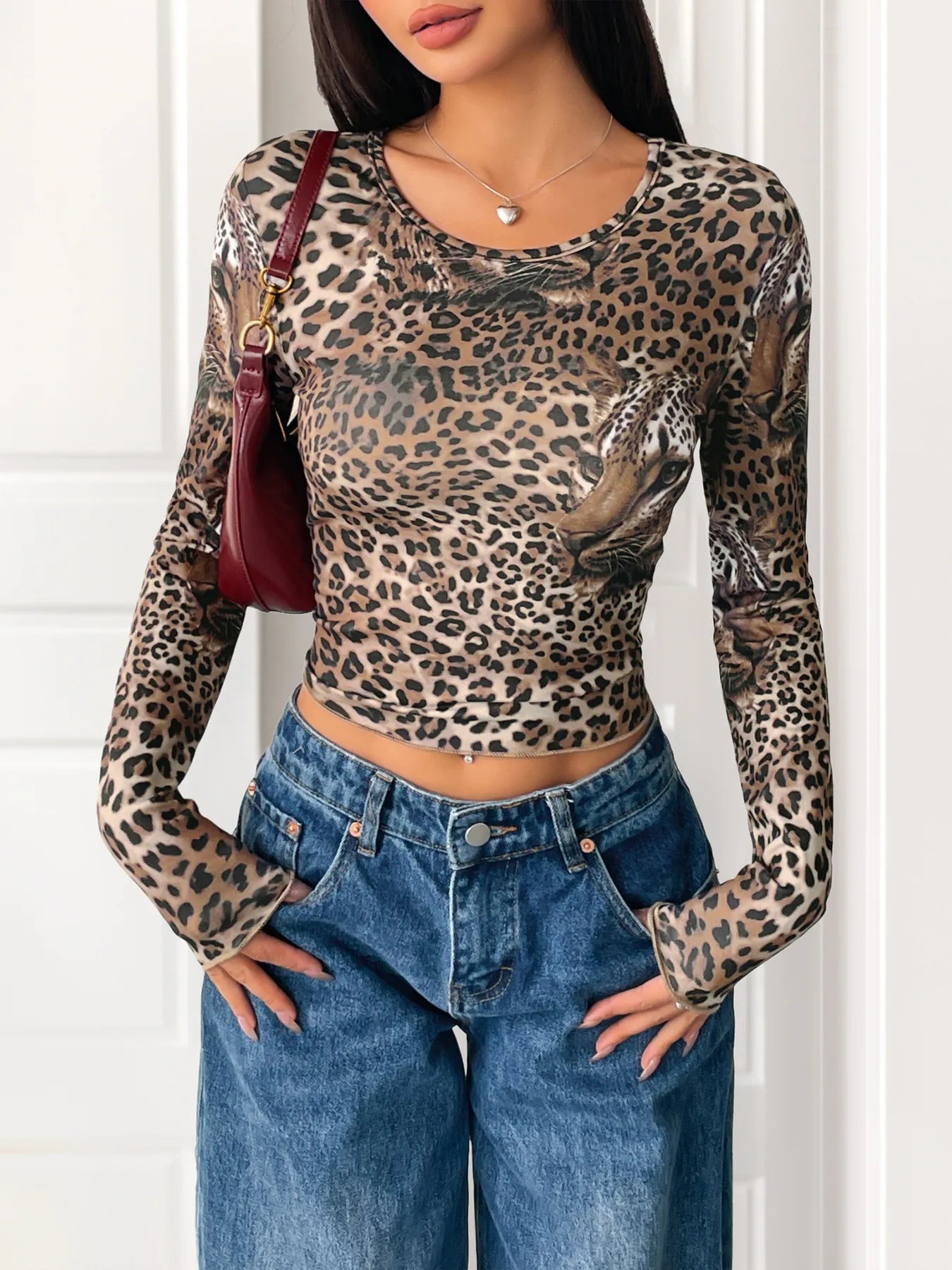 Leopard Print Long Sleeve Fitted T-Shirt Coffee Brown - Fashorio