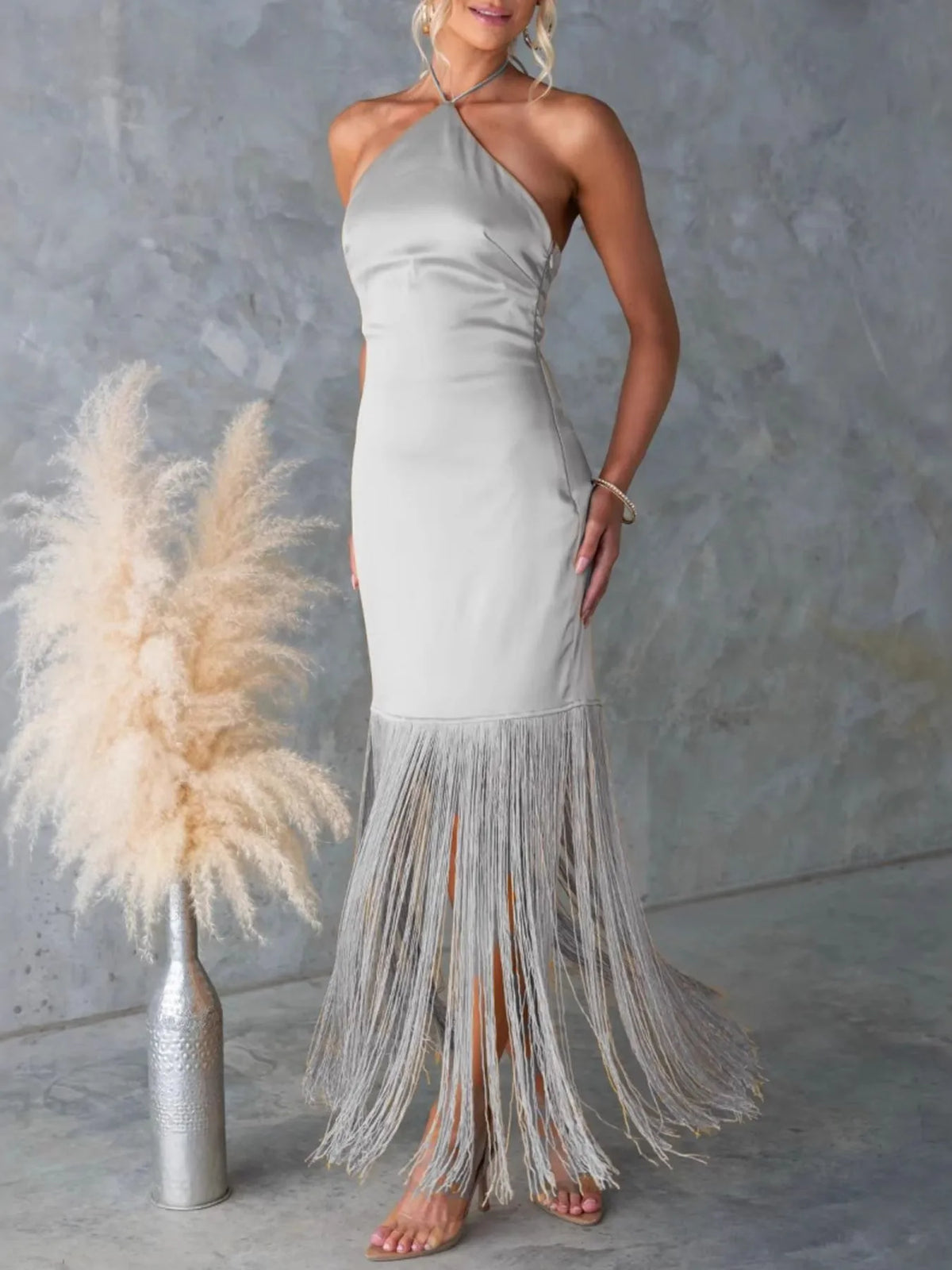 Fringe halter neck backless dress side view