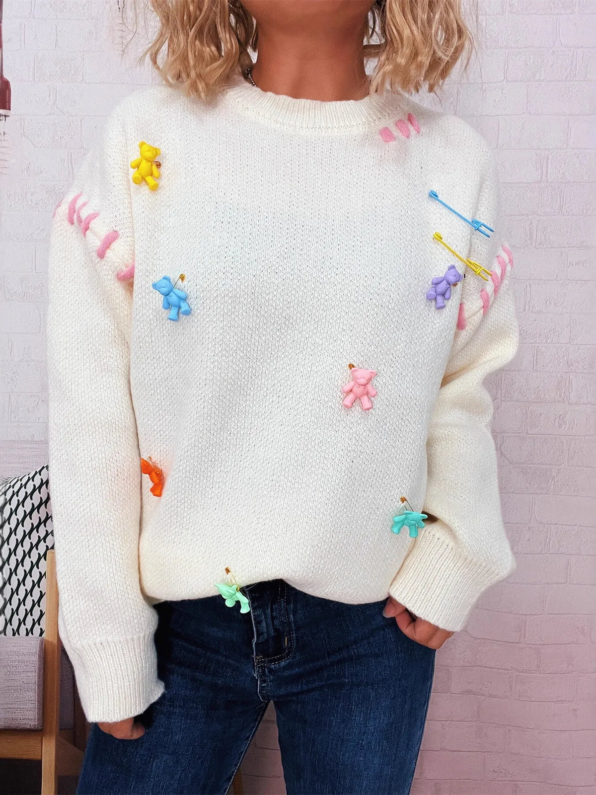 bear applique round neck sweater three quarter view