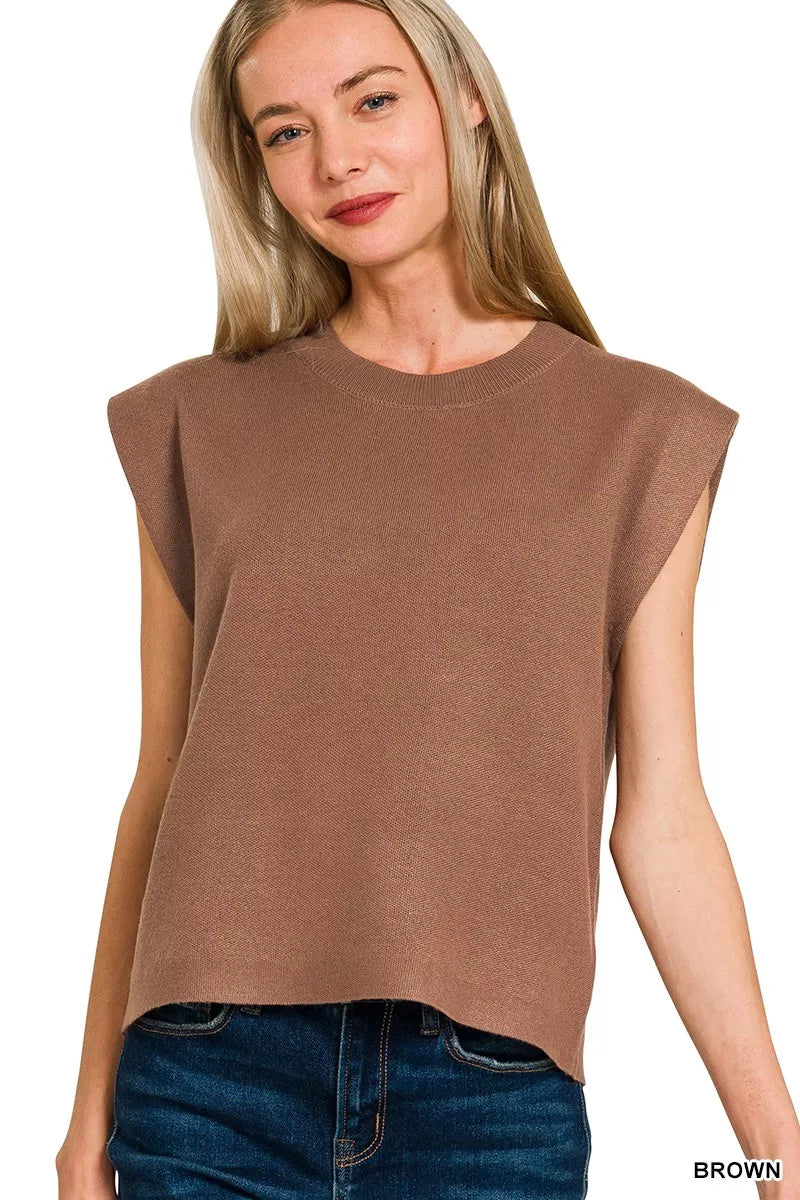 Brown round neck viscose sweater vest front view