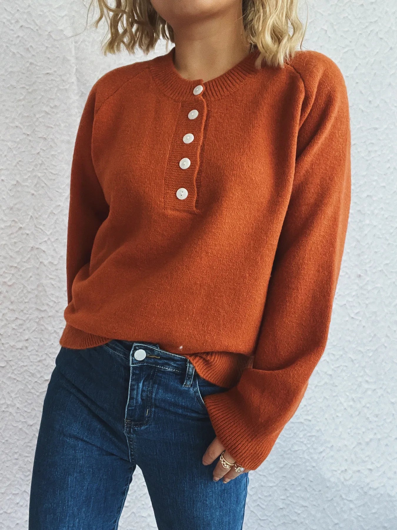 Button-Front Long Sleeve Sweater - Fashorio