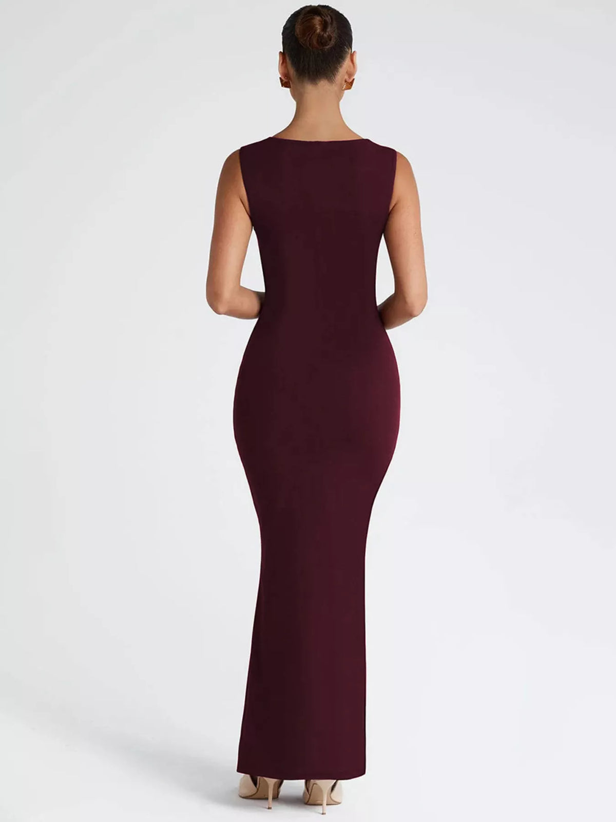 Back neckline detail on the sleeveless maxi dress