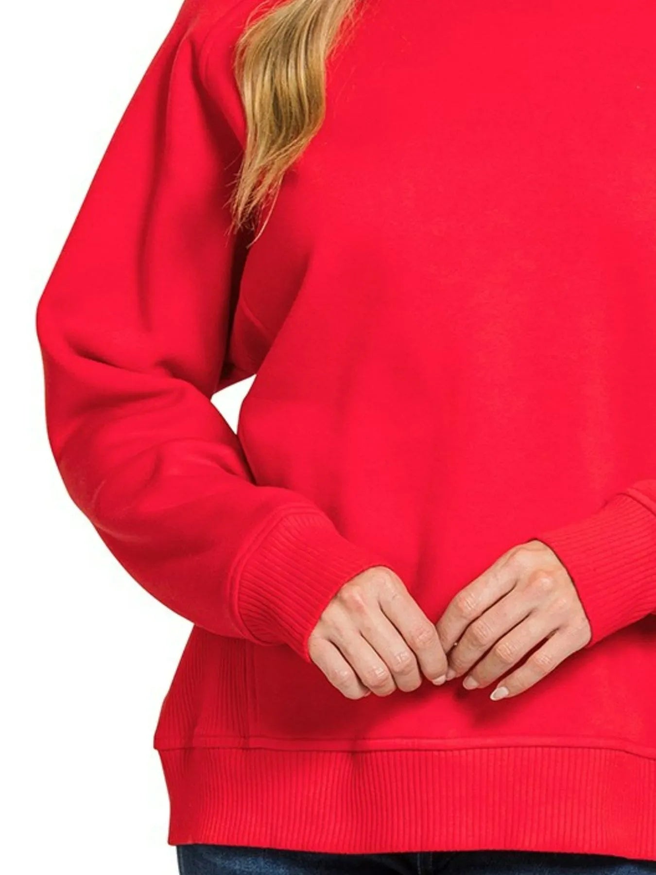 Zenana Fleece Round Neck Ribbed Side Raglan Sweatshirt - Fashorio