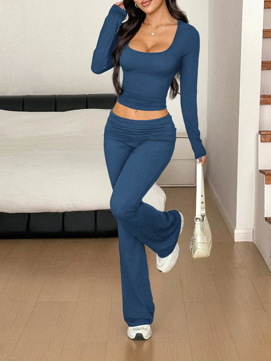 Long Sleeve Crop Top and Bootcut Pants Set Peacock Blue - Fashorio
