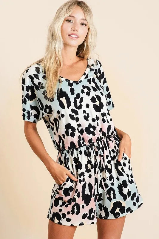 Gradation Leopard Soft Knit V Neck Romper