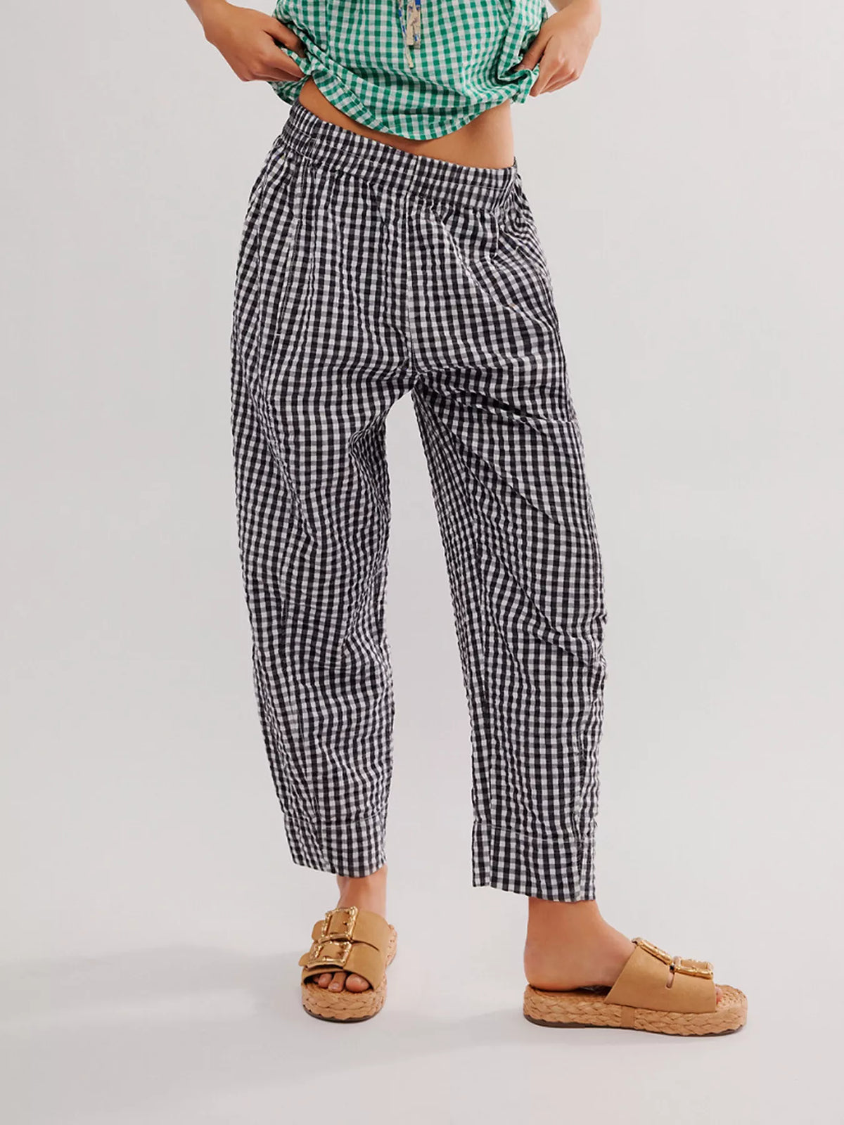 Green gingham relaxed fit pants detail view