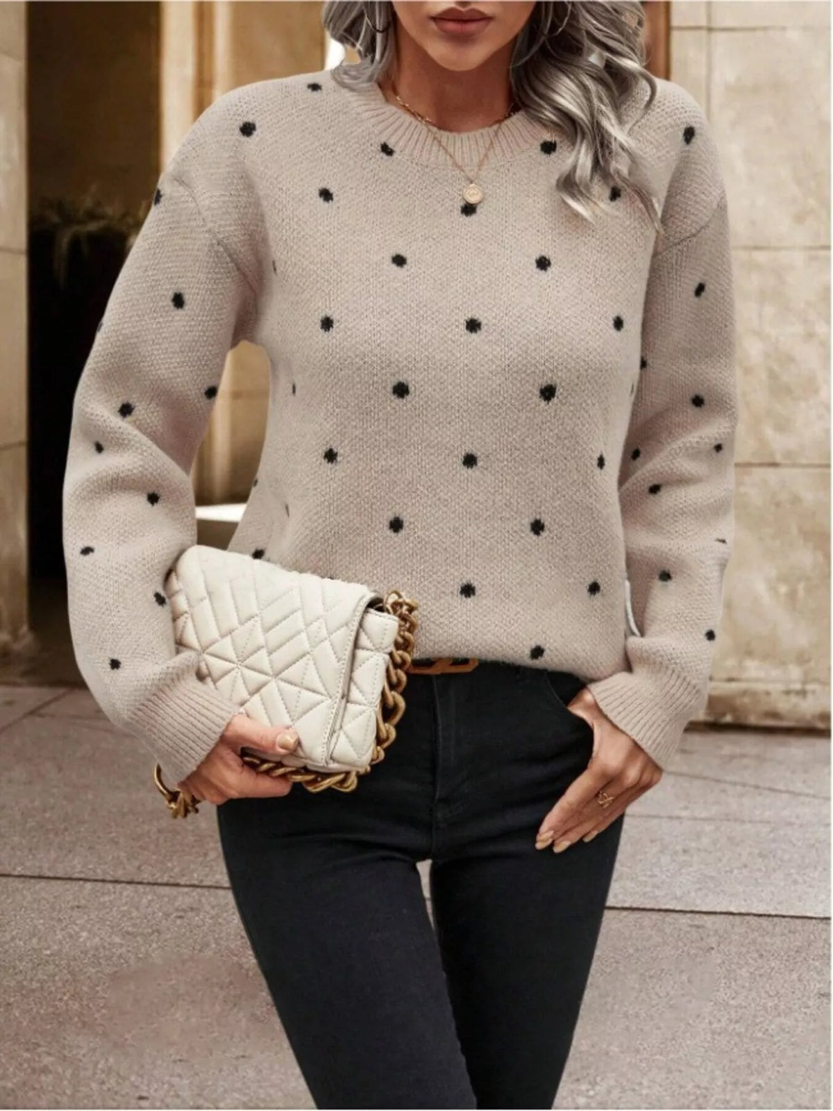Polka dot round neck sweater, back detail
