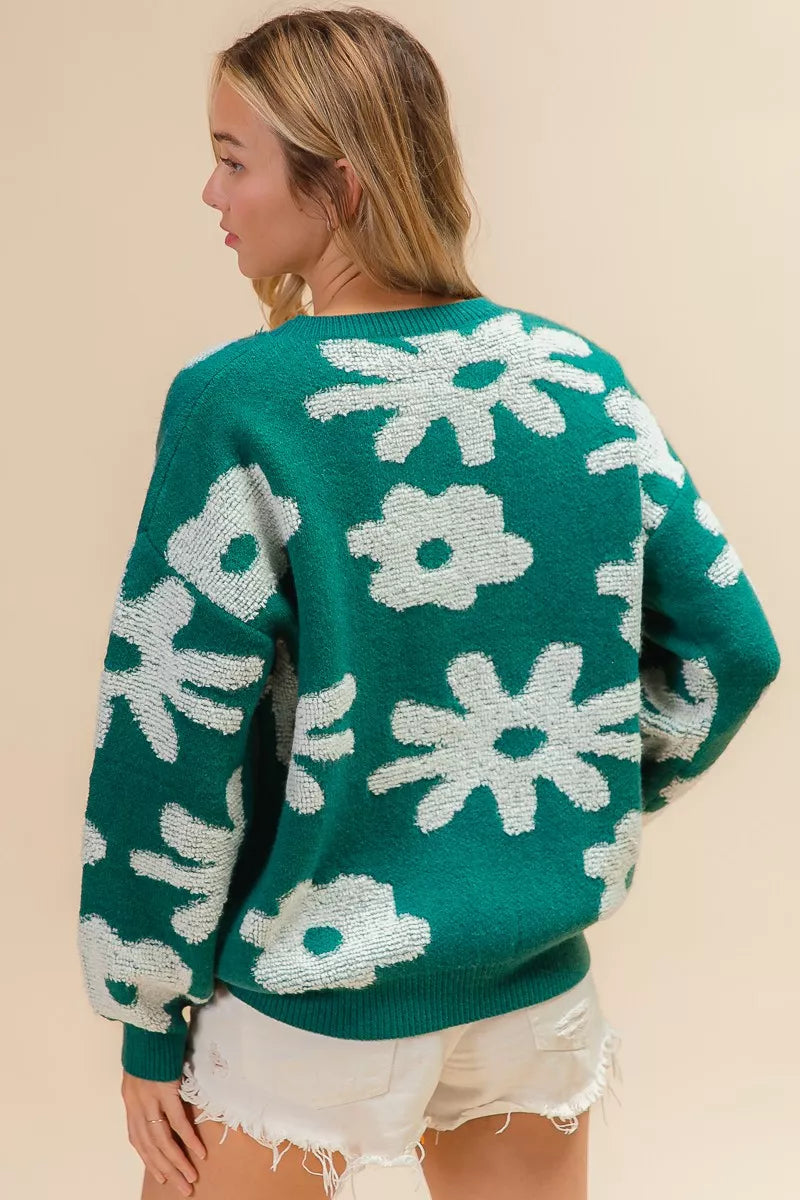 Floral Pattern Long Sleeve Sweater Top in Hunter Green view 12