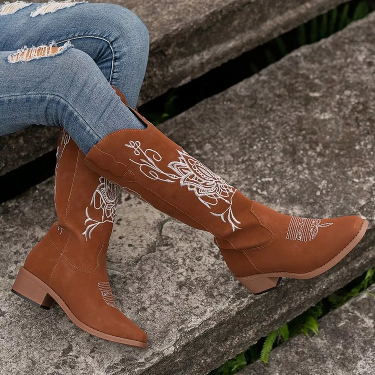 Embroidered western block heel boots angled view