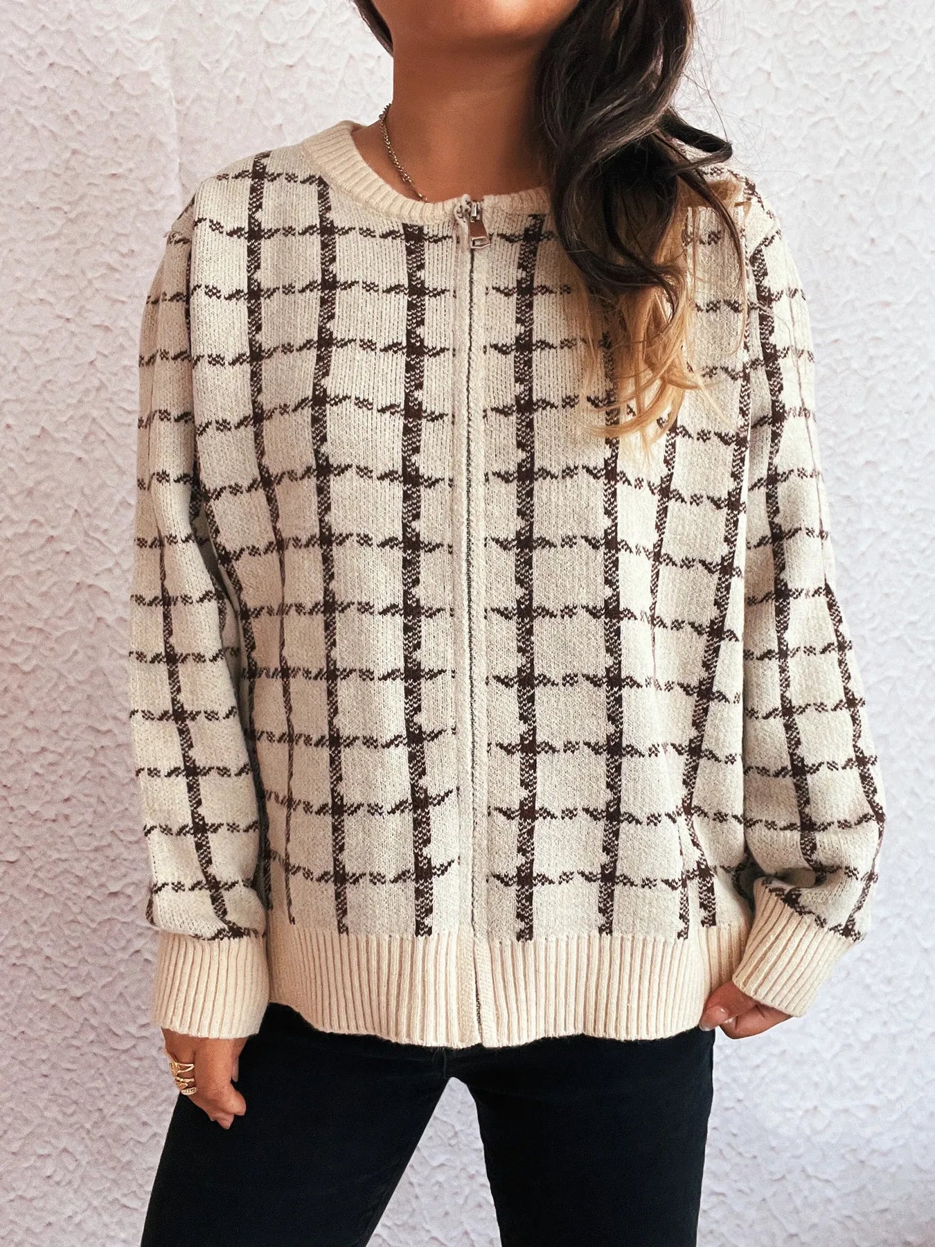 Plaid Pattern Zip Up Cardigan Apricot One Size - Fashorio