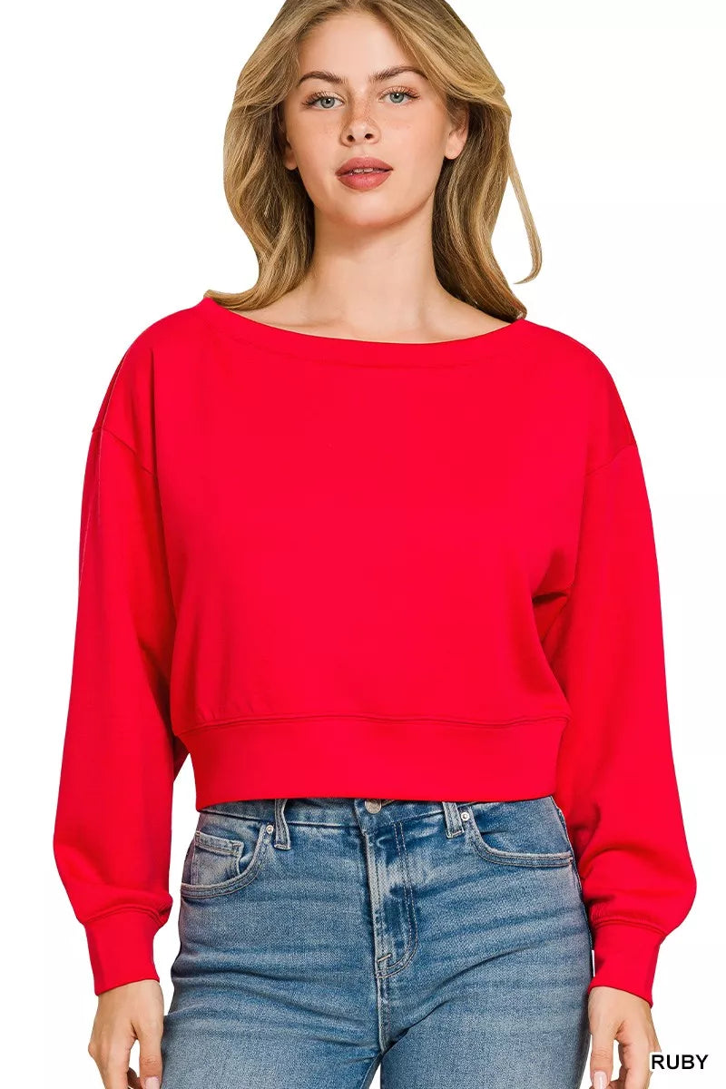 Zenana cropped boat neck sweatshirt front