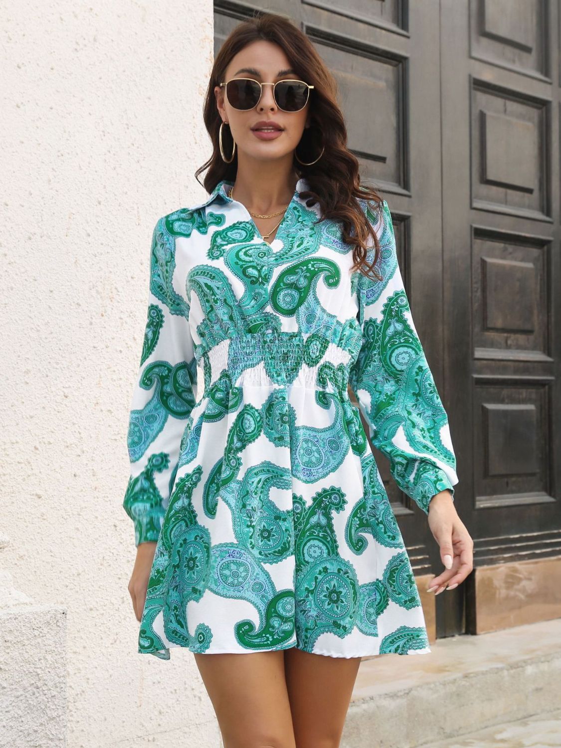 Paisley smocked dress sleeve detail