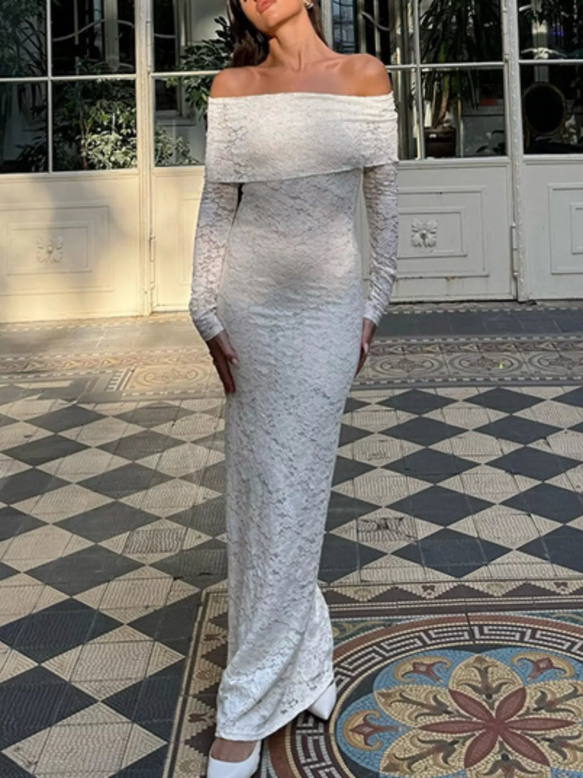 Off shoulder lace bodycon maxi dress front view