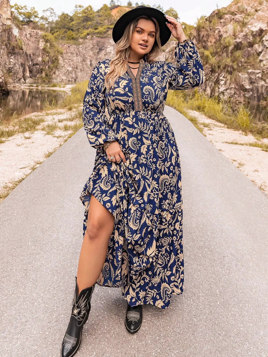 dark blue plus size floral long sleeve maxi dress side view