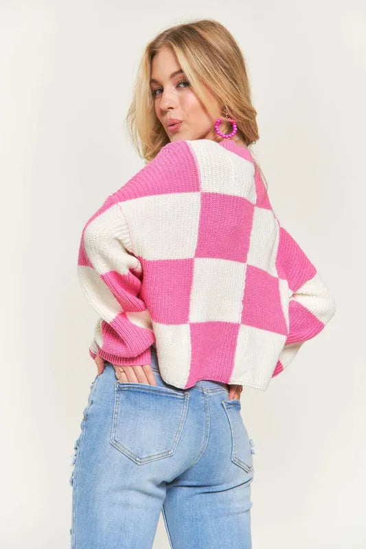 Checkered Color Block Sweater Top Plus Size in Pink side view