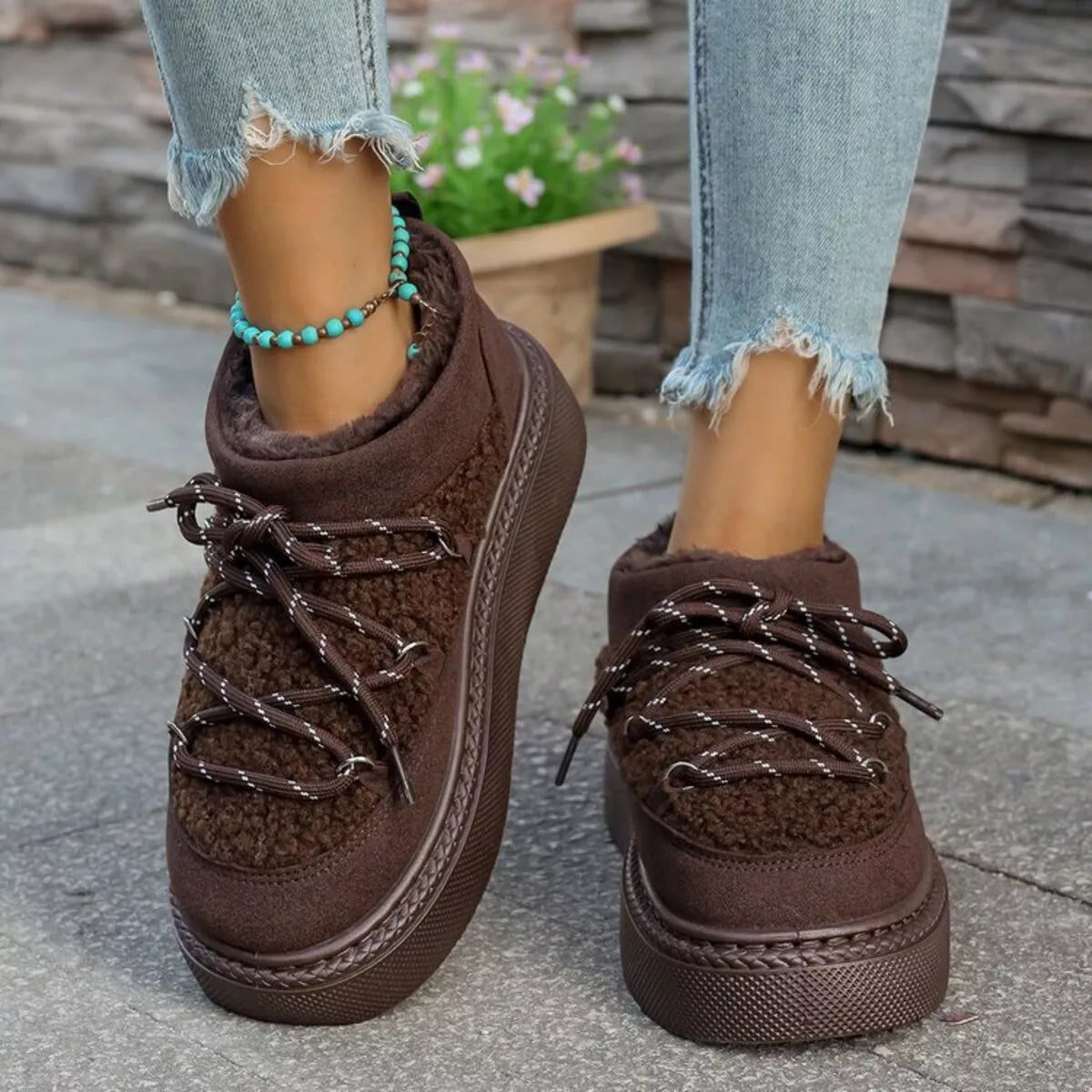 plush lined lace up platform winter boots heel detail