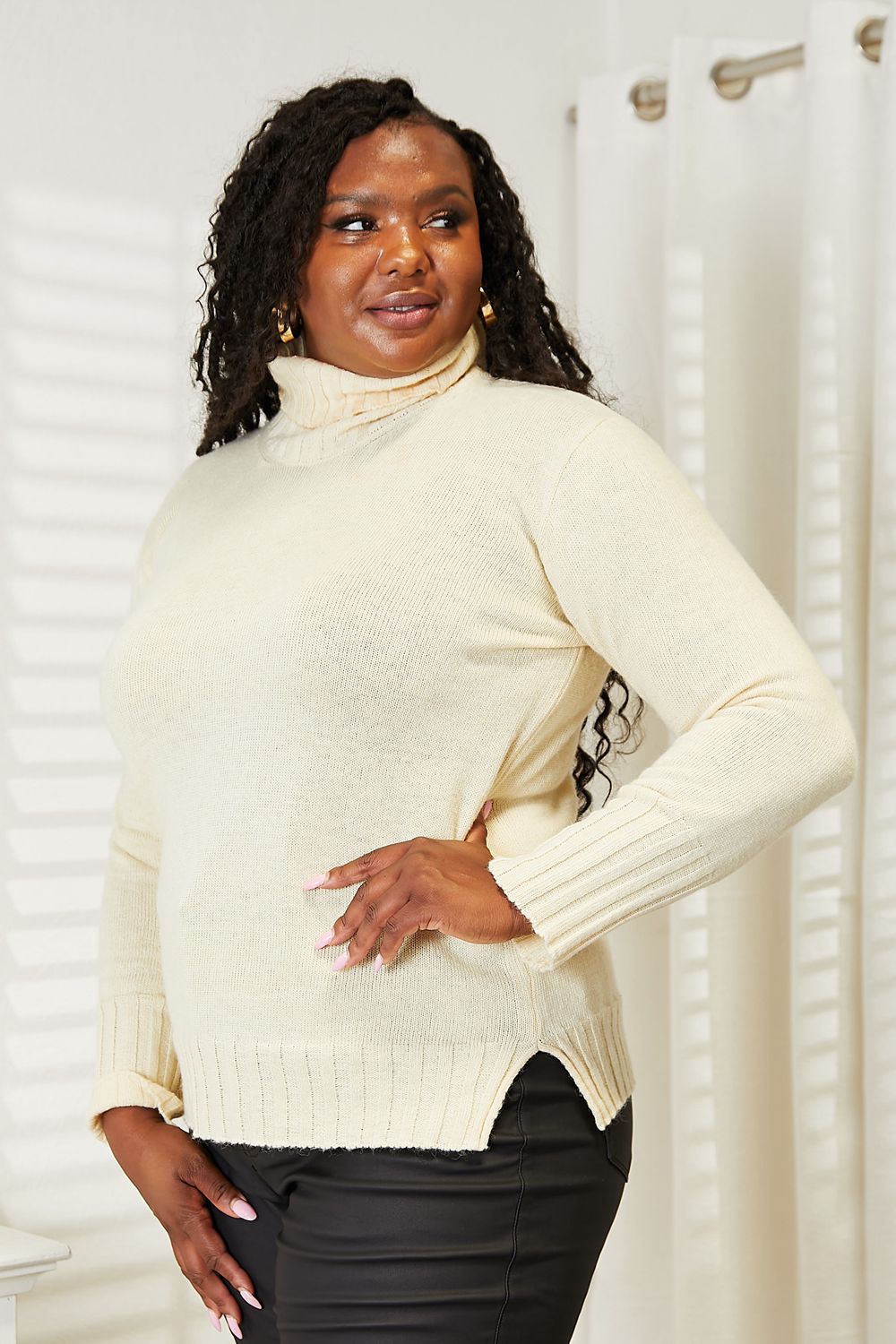 Turtleneck Side Slit Long Sleeve Sweater in Cream side view
