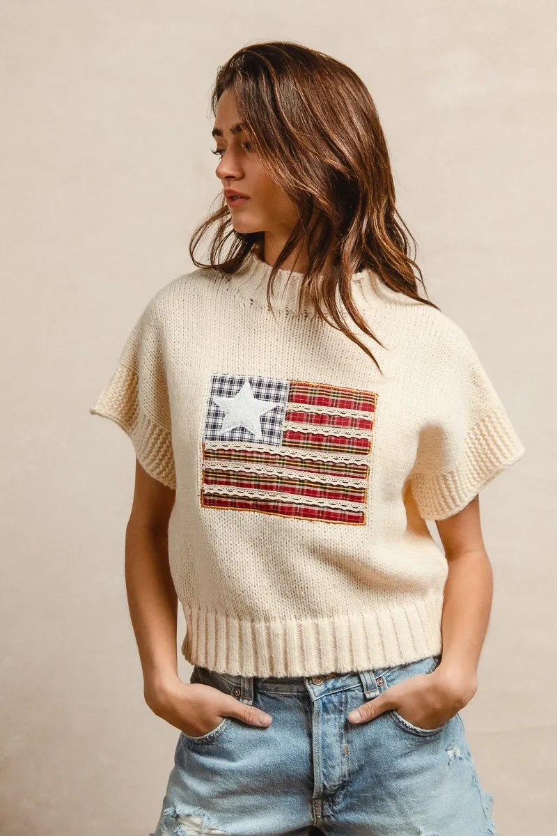 BiBi American Flag Patchwork Drop Shoulder Sweater - Fashorio