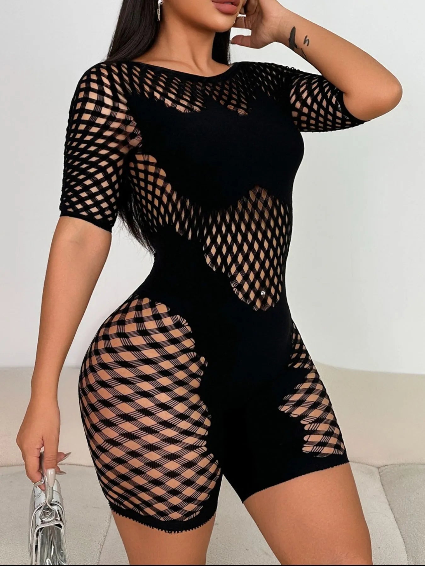 Fishnet Mesh Bodycon Romper - Fashorio