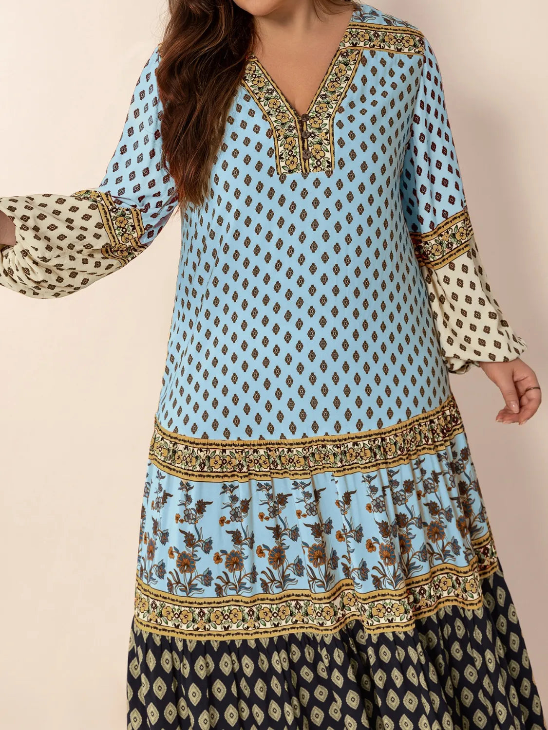 Plus size V neck balloon sleeve maxi dress in sky blue full length view