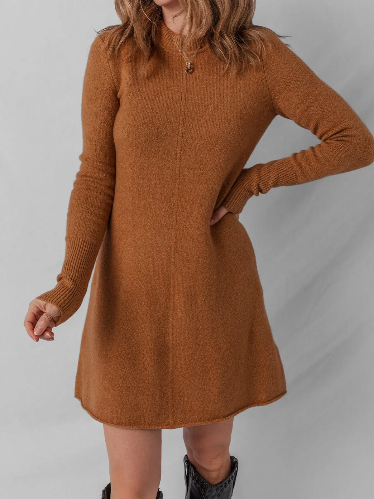 Caramel ribbed sweater dress front view