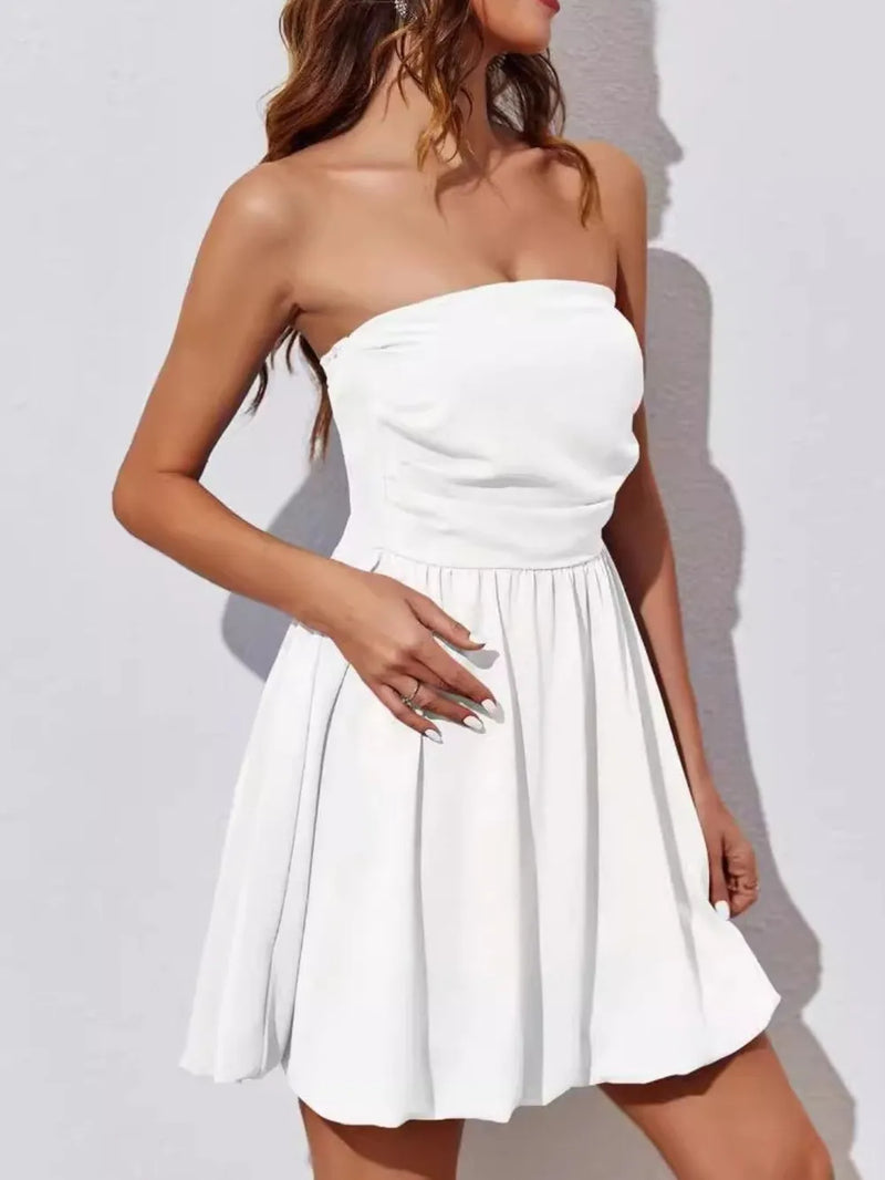 White ruched tube mini dress front view