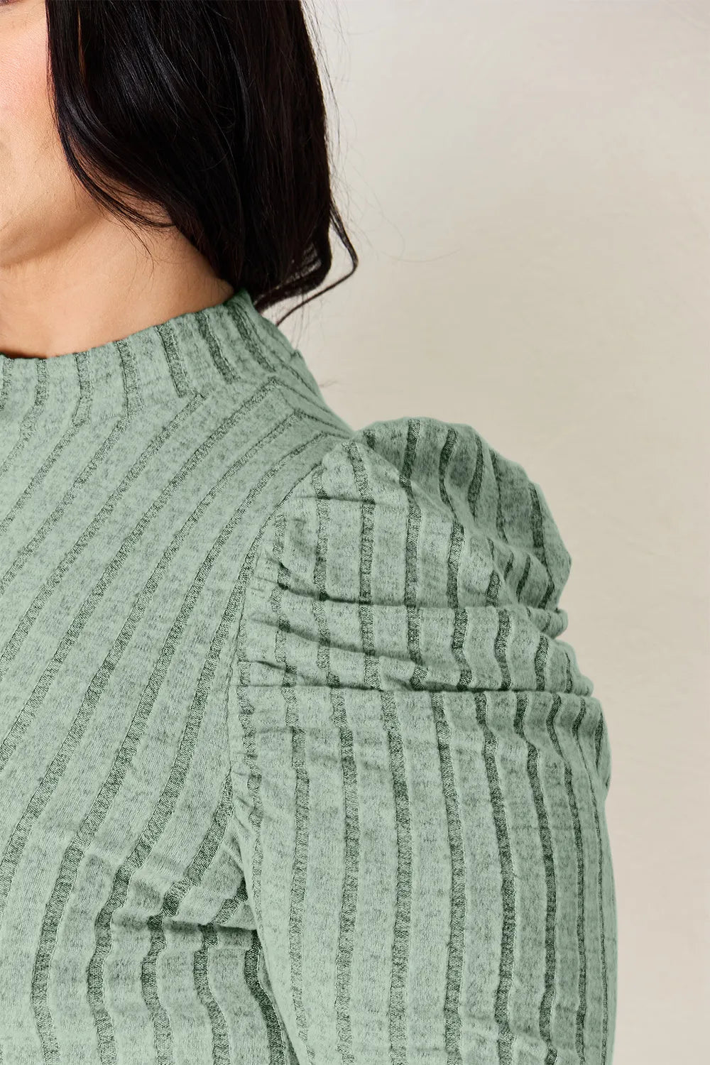 Ribbed top neckline close up
