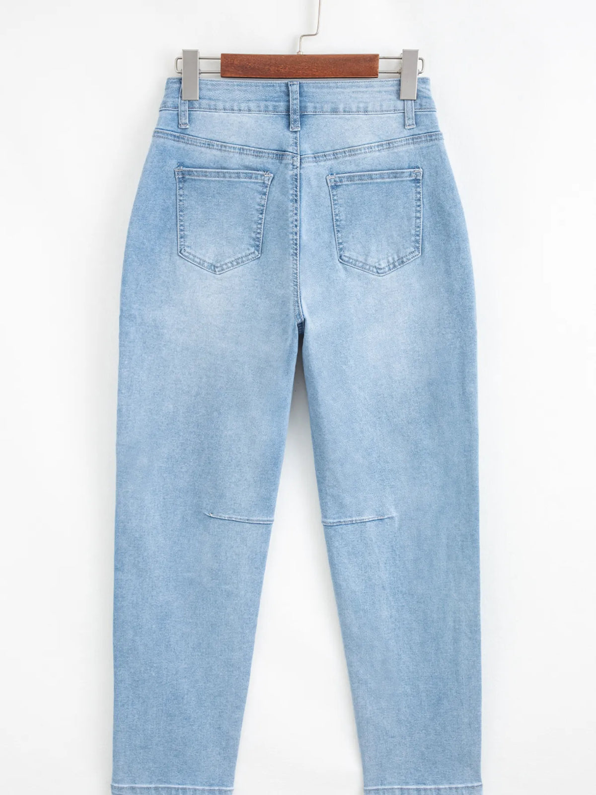 Back view of high rise barrel jeans