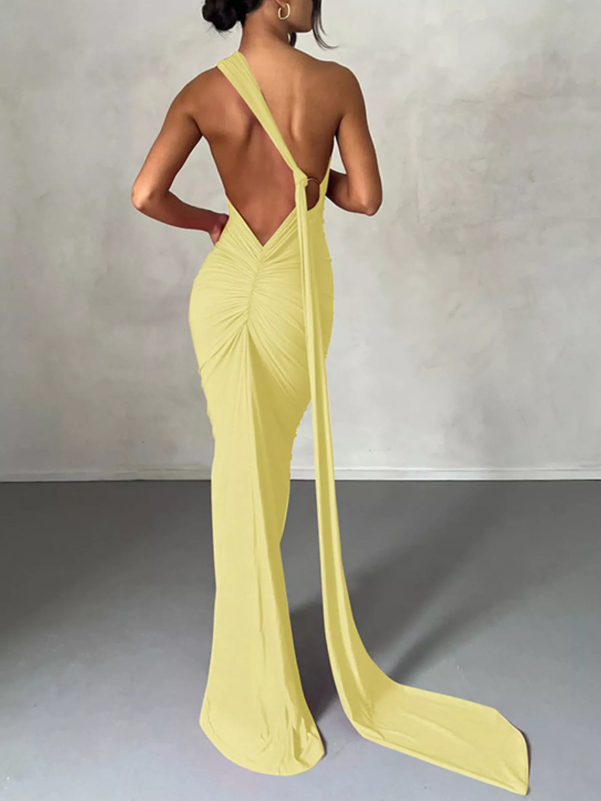 One Shoulder Ruched Bodycon Maxi Dress front view
