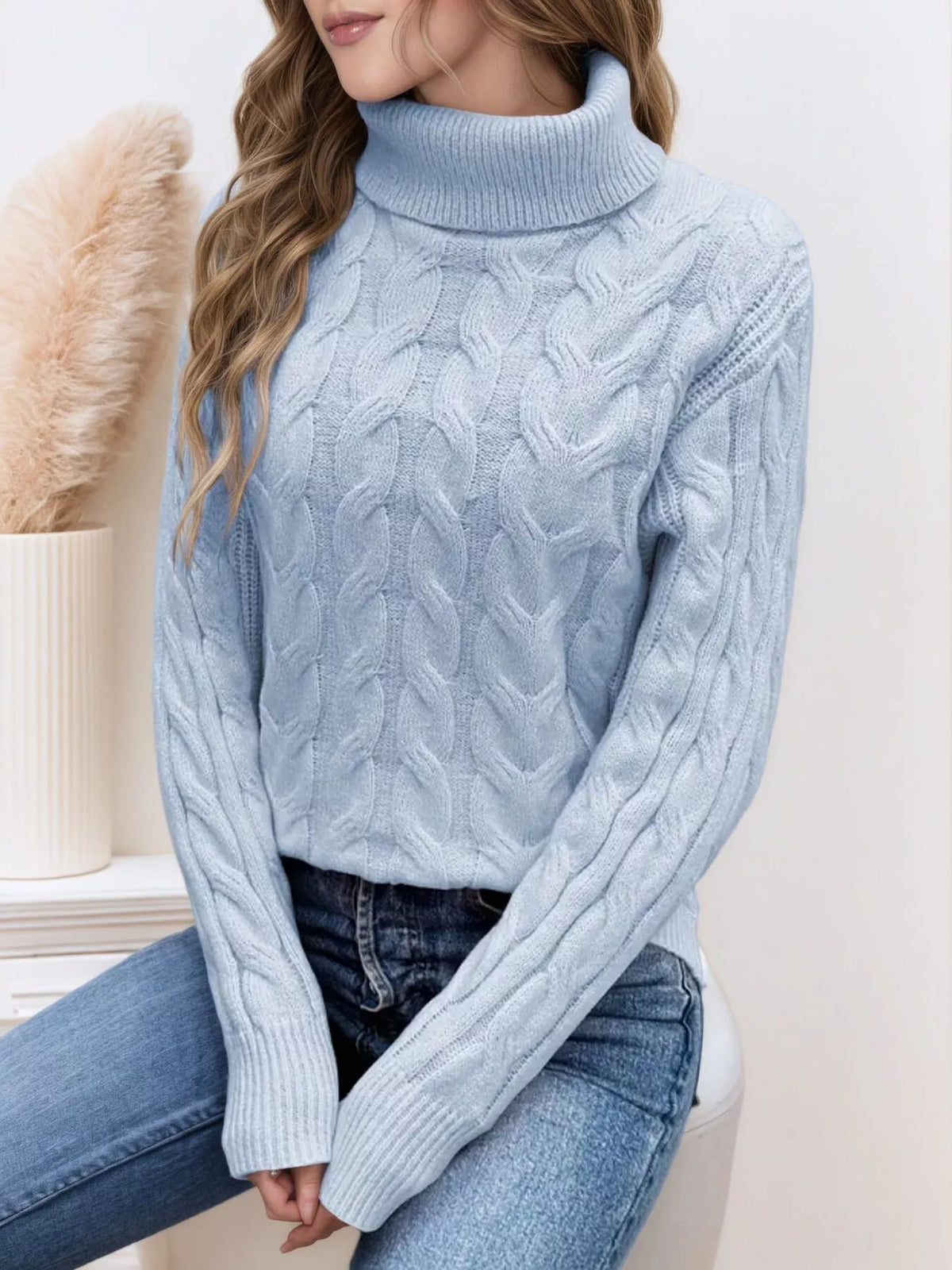 Cable knit turtleneck long sleeve sweater back view